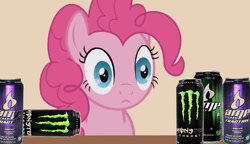 Size: 612x352 | Tagged: safe, edit, edited screencap, screencap, pinkie pie, earth pony, pony, aluminum can, amp energy, can, drink, emotionless, energy drink, female, mare, monster energy, soda can, solo, stare, this will not end well, wide eyes, xk-class end-of-the-world scenario, your little pets