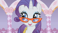 Size: 1280x720 | Tagged: safe, screencap, rarity, pony, unicorn, suited for success, female, glasses, mare, measuring tape, sideways glance, solo