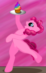 Size: 329x520 | Tagged: safe, artist:onyxpenstroke, pinkie pie, earth pony, pony, backbend, baking, blurry background, cupcake, food, looking up, rainbow cupcake, solo, standing, standing on one leg