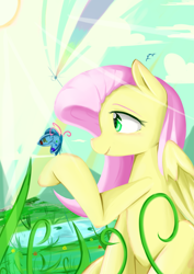 Size: 3507x4960 | Tagged: safe, artist:mikedom, fluttershy, bird, butterfly, pegasus, pony, absurd resolution, cloud, pond, solo, water