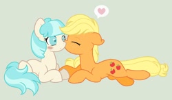 Size: 1170x682 | Tagged: safe, artist:simplybritish, applejack, coco pommel, earth pony, pony, cocojack, cute, female, heart, kiss on the cheek, kissing, lesbian, shipping, speech bubble