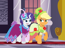 Size: 5000x3750 | Tagged: safe, artist:treblesketchofficial, applejack, rarity, earth pony, pony, unicorn, make new friends but keep discord, clothes, dress, female, gala dress, grand galloping gala, lesbian, rarijack, shipping