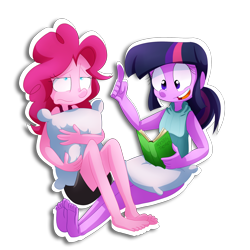 Size: 2000x2000 | Tagged: safe, artist:fj-c, derpibooru import, pinkie pie, twilight sparkle, equestria girls, barefoot, book, bored, clothes, feet, pajamas, pillow, toes