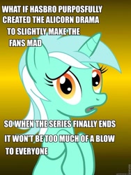 Size: 625x833 | Tagged: safe, lyra heartstrings, pony, unicorn, alicorn drama, conspiracy lyra, exploitable meme, female, green coat, horn, looking at you, mare, meme, misspelling, open mouth, simple background, solo, text, two toned mane