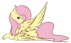 Size: 1979x1196 | Tagged: safe, artist:mauuwde, artist:redreddrawings, fluttershy, pegasus, pony, collaboration, blushing, dock, preening, prone, simple background, solo, spread wings, tongue out, transparent background, wings