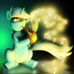 Size: 1000x1000 | Tagged: safe, artist:thepleonasticpotato, lyra heartstrings, bagpipes, glow, music, music notes, musical instrument, solo