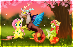 Size: 800x518 | Tagged: safe, artist:karzii, discord, fluttershy, tree hugger, draconequus, earth pony, pegasus, pony, cherry blossoms, discord is not amused, flower, flower blossom, signature, sitting, tree, unamused