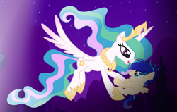 Size: 1024x653 | Tagged: safe, artist:starglaxy, princess celestia, oc, oc:prince james, alicorn, pegasus, pony, adopted offspring, colt, female, flying, male, momlestia, mother and child, mother and son, parent and child