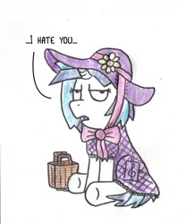 Size: 1223x1464 | Tagged: safe, artist:bobthedalek, dj pon-3, vinyl scratch, pony, unicorn, basket, clothes, dress, dressup, female, hat, hate, solo, talking to viewer, traditional art