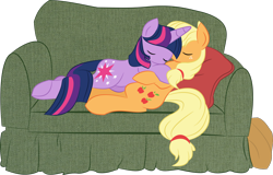 Size: 1444x927 | Tagged: safe, artist:foxesgoquack, artist:oddishponyart, applejack, twilight sparkle, earth pony, pony, eyes closed, female, lesbian, shipping, simple background, snuggling, sofa, transparent background, twijack, vector