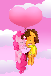 Size: 2000x3000 | Tagged: safe, artist:vcm1824, cheese sandwich, pinkie pie, earth pony, pony, balloon, cheesepie, cloud, female, flying, heart balloon, male, nuzzling, shipping, straight