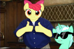 Size: 640x427 | Tagged: safe, edit, apple bloom, lyra heartstrings, billy mays, filly mays, sunglasses, thumbs, thumbs up