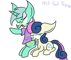 Size: 1280x1083 | Tagged: safe, artist:ask-kid-discord, bon bon, lyra heartstrings, sweetie drops, 30 minute art challenge, bon bon is not amused, clothes, shirt, simple background, t-shirt, transparent background, unamused