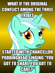 Size: 625x833 | Tagged: safe, chancellor puddinghead, lyra heartstrings, pony, unicorn, conspiracy lyra, exploitable meme, female, green coat, horn, looking at you, mare, meme, open mouth, simple background, solo, text, two toned mane