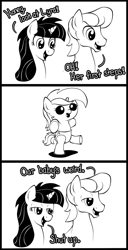 Size: 1024x2000 | Tagged: safe, artist:havikm66, lyra heartstrings, pony, unicorn, baby, comic, cute, filly, foal, horses doing human things, lyrabetes, monochrome, parent