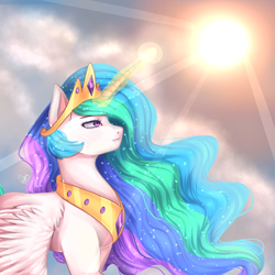 Size: 800x800 | Tagged: safe, artist:asttefany, princess celestia, alicorn, pony, cloud, crown, female, magic, mare, peytral, regalia, sky, solo, sun