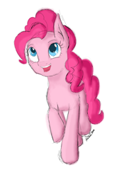 Size: 1608x2176 | Tagged: safe, artist:theshadowstone, pinkie pie, earth pony, pony, colored sketch, happy, open mouth, raised hoof, signature, simple background, smiling, solo, white background