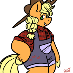 Size: 1280x1280 | Tagged: safe, artist:pericycles-art, applejack, anthro, unguligrade anthro, clothes, cute, hooves, overalls, shirt, solo, unshorn fetlocks