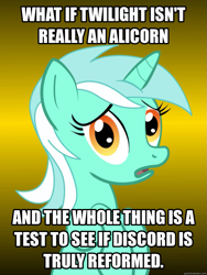 Size: 625x833 | Tagged: safe, lyra heartstrings, pony, unicorn, alicorn drama, conspiracy lyra, exploitable meme, female, green coat, horn, looking at you, mare, meme, open mouth, simple background, solo, text, two toned mane