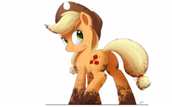 Size: 4000x2500 | Tagged: safe, artist:ncmares, applejack, earth pony, pony, cute, dirty, dock, looking back, mud, muddy, ncmares is trying to murder us, plot, smiling, smirk, solo