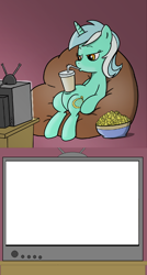 Size: 640x1191 | Tagged: safe, lyra heartstrings, beanbag chair, drink, exploitable meme, movie lyra meme, popcorn, sitting, sitting lyra, straw, television, template, tv meme