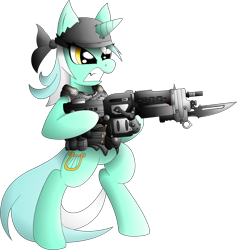 Size: 1325x1400 | Tagged: safe, artist:xeroseis, lyra heartstrings, pony, unicorn, badass, bipedal, crossover, gears of war, gun, solo, weapon