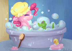 Size: 7016x4961 | Tagged: safe, artist:cutepencilcase, gummy, pinkie pie, earth pony, pony, absurd resolution, bath, bath brush, bathtub, brush, bubble, bubble bath, cute, diapinkes, duo, eyes closed, profile, rubber duck, smiling, water