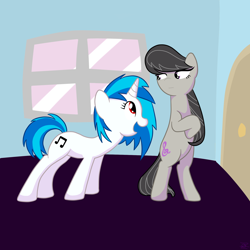 Size: 2000x2000 | Tagged: safe, artist:zoeezoee, dj pon-3, octavia melody, vinyl scratch, earth pony, pony, bipedal, door, scratchtavia, shipping, window