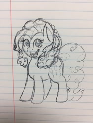 Size: 960x1280 | Tagged: safe, artist:sugarwings-art, pinkie pie, earth pony, pony, grayscale, happy, lined paper, monochrome, sketch, smiling, solo, traditional art