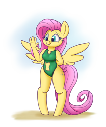 Size: 1500x1800 | Tagged: safe, artist:heir-of-rick, fluttershy, anthro, unguligrade anthro, belly button, clothes, cute, female, hello, navel cutout, one-piece swimsuit, shyabetes, solo, swimsuit, waving