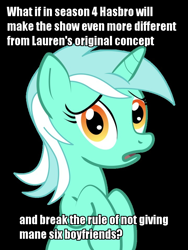 Size: 720x960 | Tagged: safe, lyra heartstrings, pony, unicorn, black background, conspiracy lyra, exploitable meme, female, green coat, horn, looking at you, mare, meme, meta, open mouth, simple background, solo, text, two toned mane