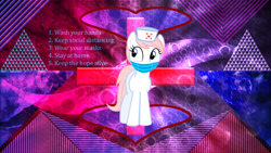 Size: 3840x2160 | Tagged: safe, artist:laszlvfx, artist:parclytaxel, derpibooru import, edit, nurse redheart, earth pony, pony, abstract background, coronavirus, covid-19, female, mask, solo, text, wallpaper, wallpaper edit