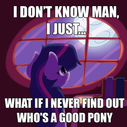 Size: 894x894 | Tagged: artist needed, source needed, safe, derpibooru import, twilight sparkle, image macro, meme, moon, parody, sad, who's a good pony, window