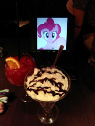 Size: 1224x1632 | Tagged: safe, artist:dashiesparkle, derpibooru exclusive, photographer:pulse wave, pinkie pie, alcohol, chocolate, computer, dacuri, daiquiri, dessert, drink, female, food, fourth wall, ibm, ice cream, irl, laptop computer, lenovo, mare, photo, solo, thinkpad, waifu dinner