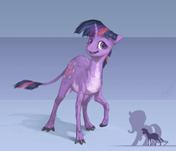Size: 875x750 | Tagged: safe, artist:assasinmonkey, derpibooru import, fluttershy, twilight sparkle, pegasus, pony, unicorn, abstract background, cavemare, cute, eohippus, female, looking at you, mare, open mouth, open smile, prehistoric, raised hoof, silhouette, size comparison, smiling, smiling at you, solo, species swap