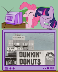 Size: 594x746 | Tagged: safe, derpibooru import, edit, pinkie pie, twilight sparkle, earth pony, pony, billboard, christianity, dunkin donuts, exploitable meme, facehoof, jesus christ, meme, mixed reactions, obligatory pony, sign, tv meme