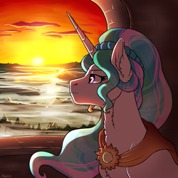 Size: 2000x2000 | Tagged: safe, artist:shimazun, princess celestia, alicorn, pony, alternate hairstyle, alternate universe, female, mare, middle ages, middle ages au, solo, window