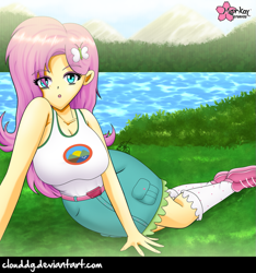 Size: 937x1000 | Tagged: safe, artist:clouddg, fluttershy, equestria girls, legend of everfree, big breasts, breasts, camp everfree outfits, clothes, cute, denim skirt, female, grass, hootershy, lake, looking at you, open mouth, shoes, skirt, socks, solo