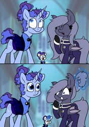 Size: 3214x4570 | Tagged: safe, artist:moonatik, rarity, oc, oc:midnight dew, oc:selenite, bat pony, pony, unicorn, 2 panel comic, alternate timeline, angry, bat pony oc, clothes, comic, gem, gloves, hair bun, laughing, magic, military uniform, night maid rarity, nightmare takeover timeline, ponytail, shirt, shocked, uniform, wings