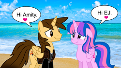 Size: 3840x2160 | Tagged: safe, artist:ejlightning007arts, derpibooru import, oc, oc only, oc:ej, oc:hsu amity, alicorn, pony, alicorn oc, amityej, beach, clothes, cute, female, heart, horn, implied shipping, male, mare, ocean, smiling, speech bubble, stallion, together, wallpaper, wings