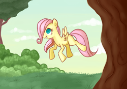 Size: 1000x700 | Tagged: safe, artist:xwreathofroses, fluttershy, pegasus, pony, the cutie mark chronicles, filly, filly fluttershy, flying, scene interpretation, solo, tree