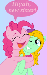 Size: 1565x2500 | Tagged: safe, artist:crazynutbob, pinkie pie, oc, oc:flora peace, earth pony, pony, hug, open mouth