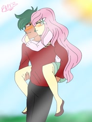 Size: 768x1024 | Tagged: safe, artist:brickercupmasterx3, fluttershy, timber spruce, equestria girls, legend of everfree, blushing, clothes, embrace, female, flower, flower in hair, hug, male, piggyback ride, shipping, straight, sweater, sweatershy, timbershy