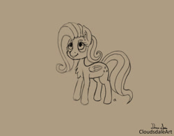 Size: 1024x804 | Tagged: safe, artist:cloudsdaleart, fluttershy, pegasus, pony, chest fluff, monochrome, sketch, smiling, solo