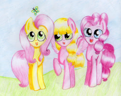 Size: 1273x1006 | Tagged: safe, artist:songbirdserenade, fluttershy, pinkie pie, oc, butterfly, earth pony, pegasus, pony, andrea libman, colored pencil drawing, female, mare, ponified, ponysona, traditional art, trio