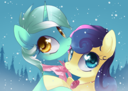 Size: 900x637 | Tagged: dead source, safe, artist:loyaldis, bon bon, lyra heartstrings, sweetie drops, earth pony, pony, unicorn, blushing, bow, bowtie, female, flower, heart eyes, lesbian, lyrabon, necklace, rose, shipping, smiling, snow, wingding eyes