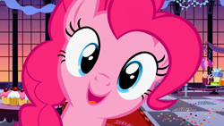 Size: 1280x720 | Tagged: safe, screencap, pinkie pie, earth pony, pony, sweet and elite, balloon, blue eyes, confetti, cupcake, cute, diapinkes, excited, eyelashes, female, food, looking at you, mare, meme origin, open mouth, present, puffy mane, smiling, solo
