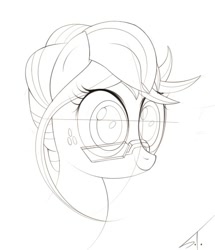 Size: 537x625 | Tagged: safe, artist:scarletigth, applejack, earth pony, pony, bust, hair styling, monocle, portrait, sketch, solo