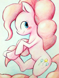 Size: 450x600 | Tagged: dead source, safe, artist:frontline, pinkie pie, earth pony, pony, blushing, female, looking at you, mare, pixiv, profile, smiling, solo, traditional art