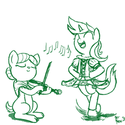 Size: 800x800 | Tagged: safe, artist:aa, lyra heartstrings, oc, deer, original species, pony, unicorn, celtic, comic, cover, dancing, doe, duo, fiddle, irish, issue 4 cover, lyrish, monochrome, music notes, simple background, white background